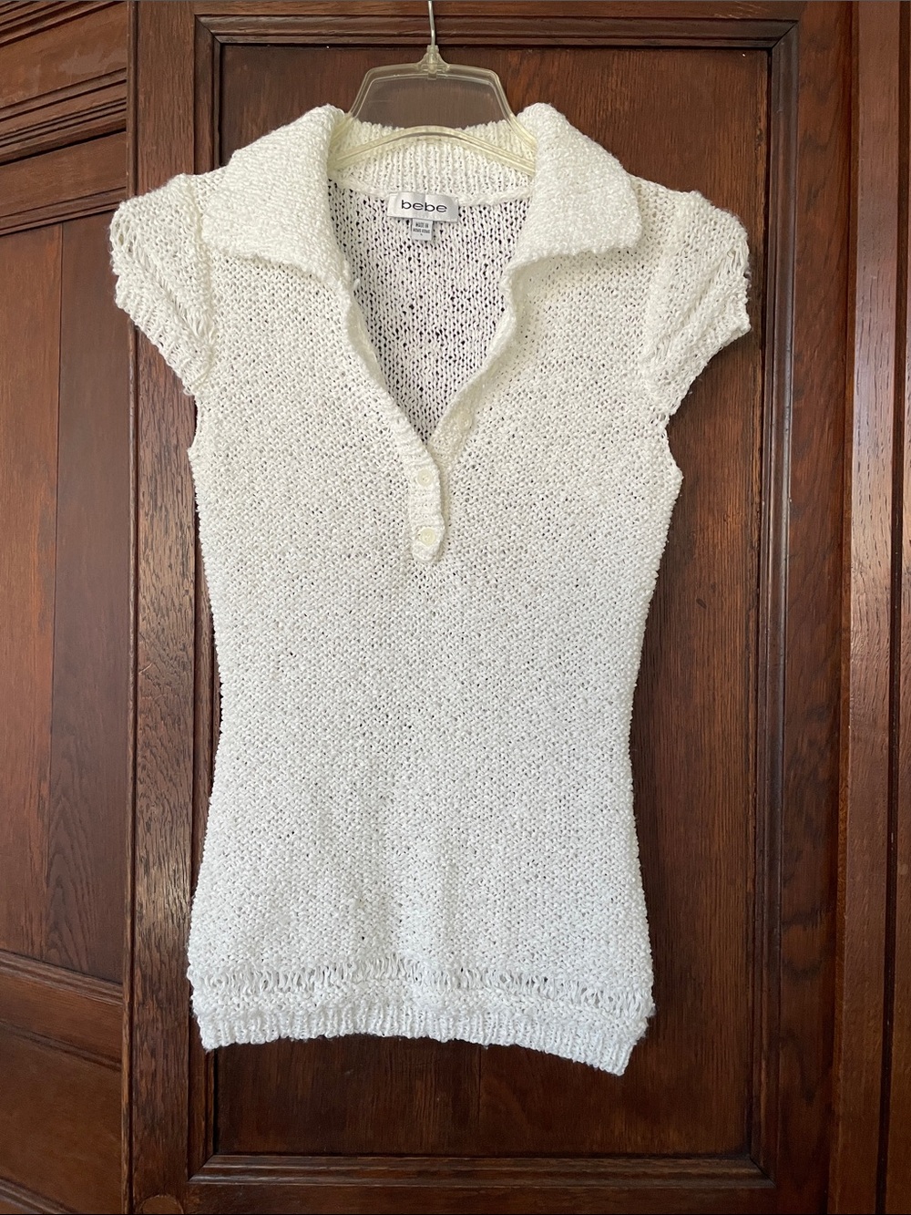 BEBE White Loose Open Weave Knit Polo Sweater Top Short Sleeve